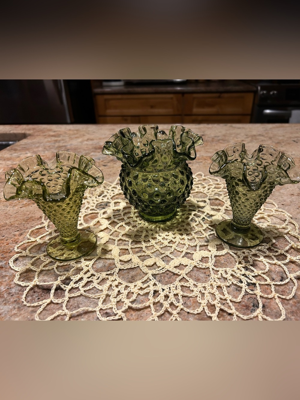 Fenton Forest Green Raised Hobnail Glass Vase Set (3) Flawless pieces. 4”&4.50”